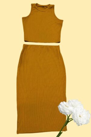 yellow ribbed top and skirt