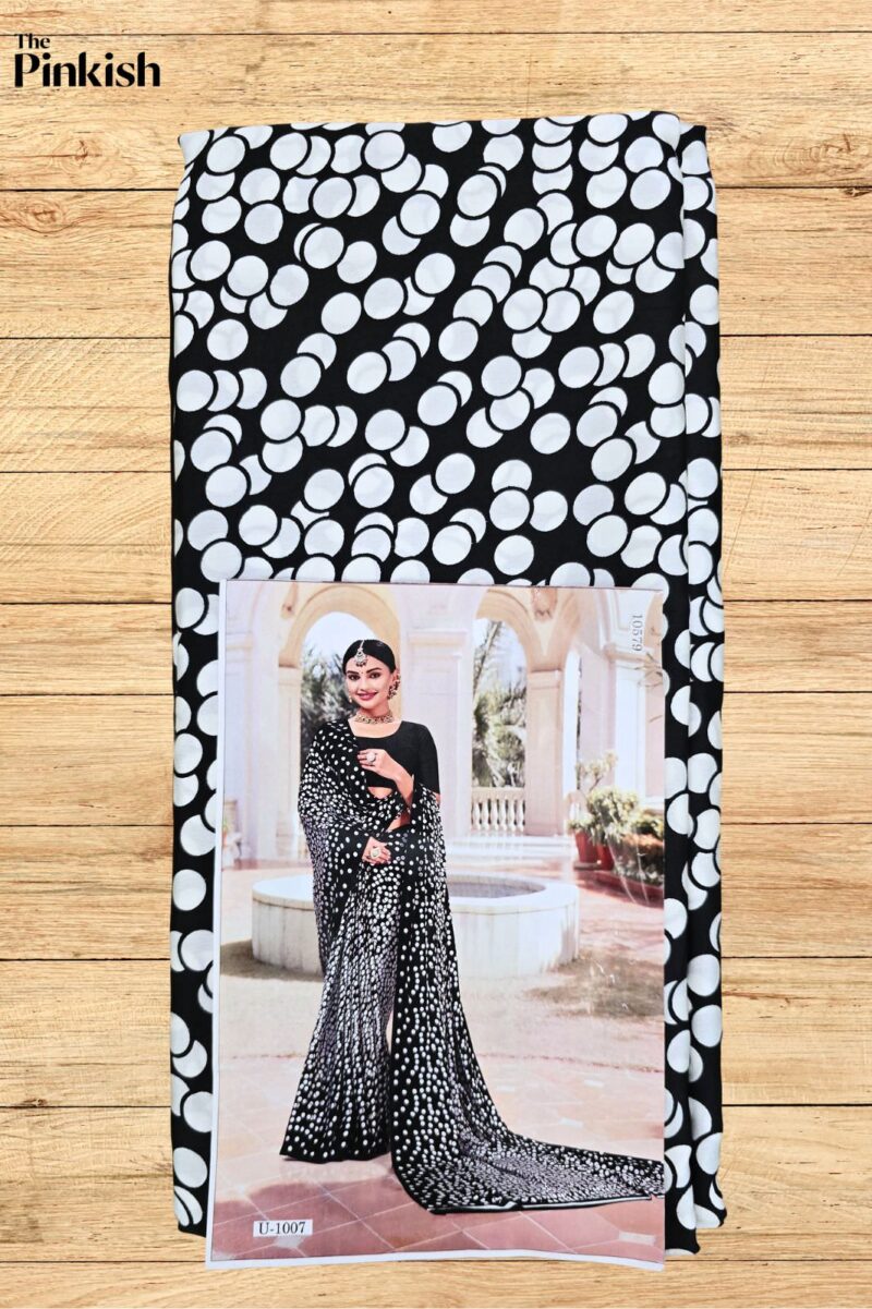 Elegant Black and White Dotted Satin Silk Saree with Blouse Piece