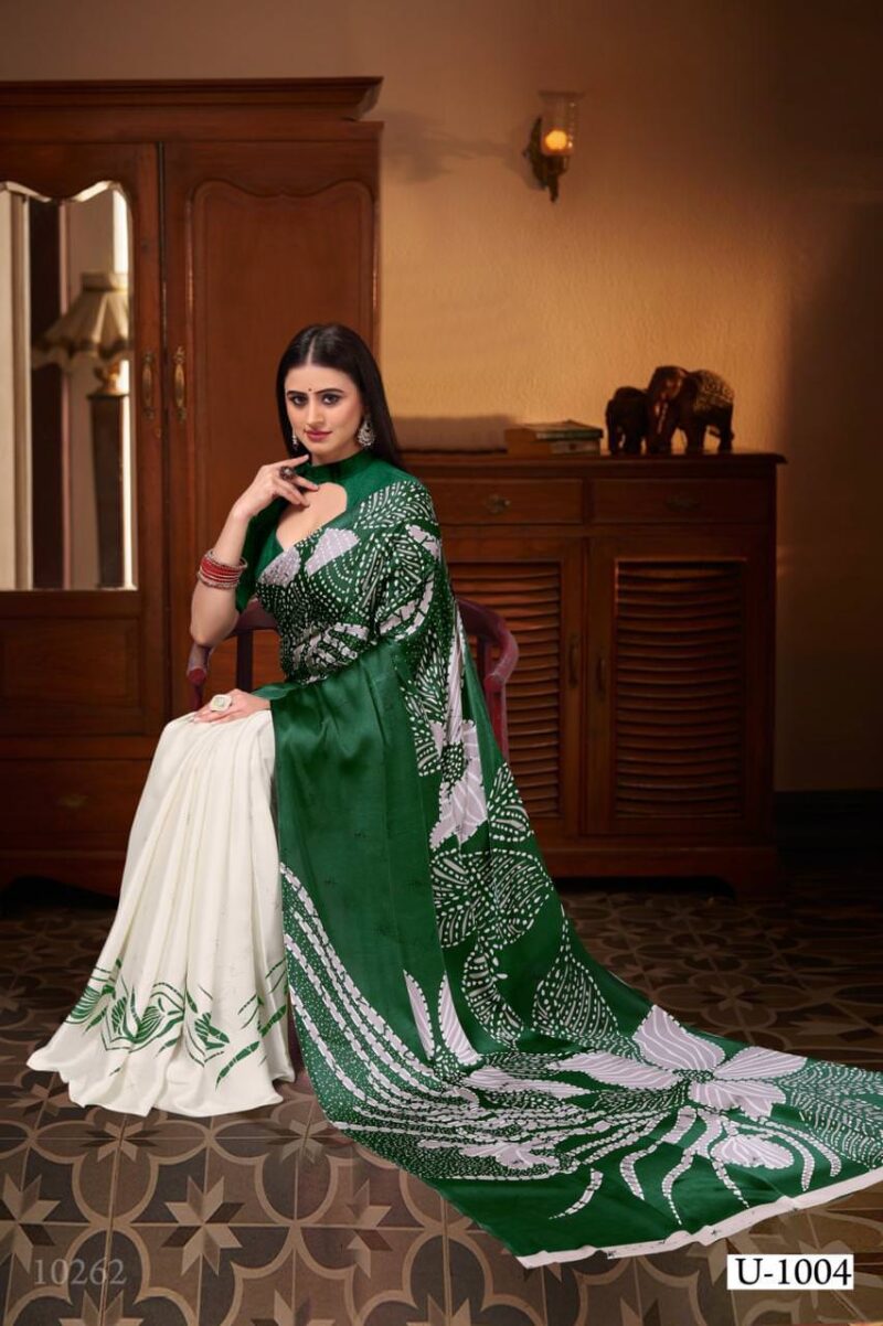 Fresh Green and White Floral Satin Silk Saree with Blouse Piece - Image 2
