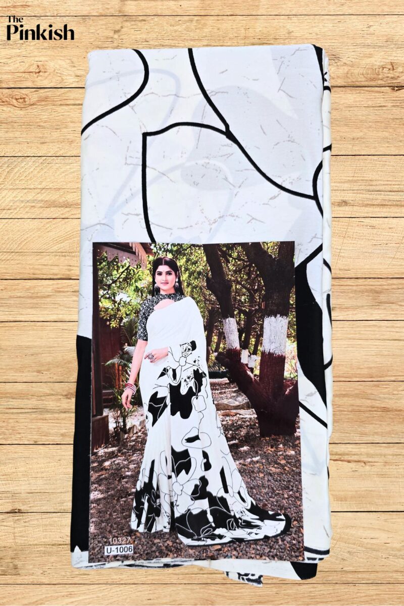 White and Black Floral Satin Silk Saree with Blouse Piece