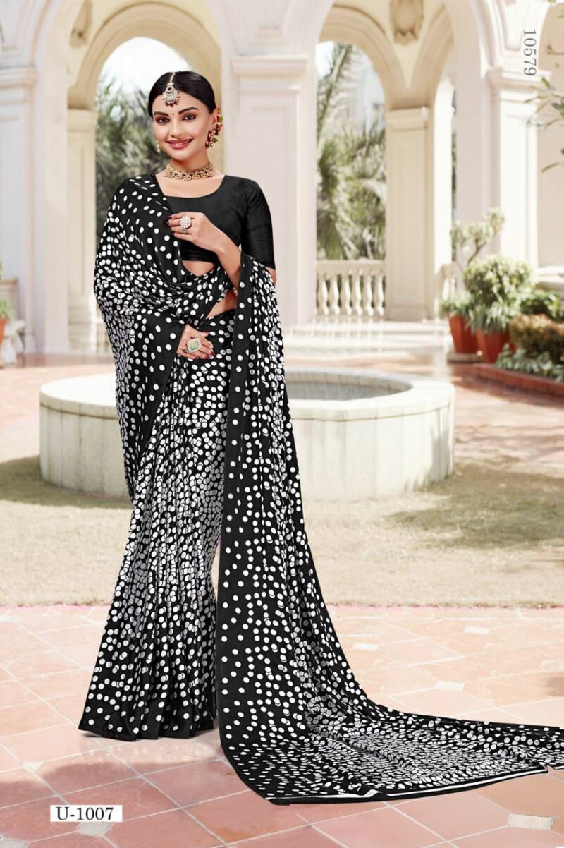 Elegant Black and White Dotted Satin Silk Saree with Blouse Piece - Image 2