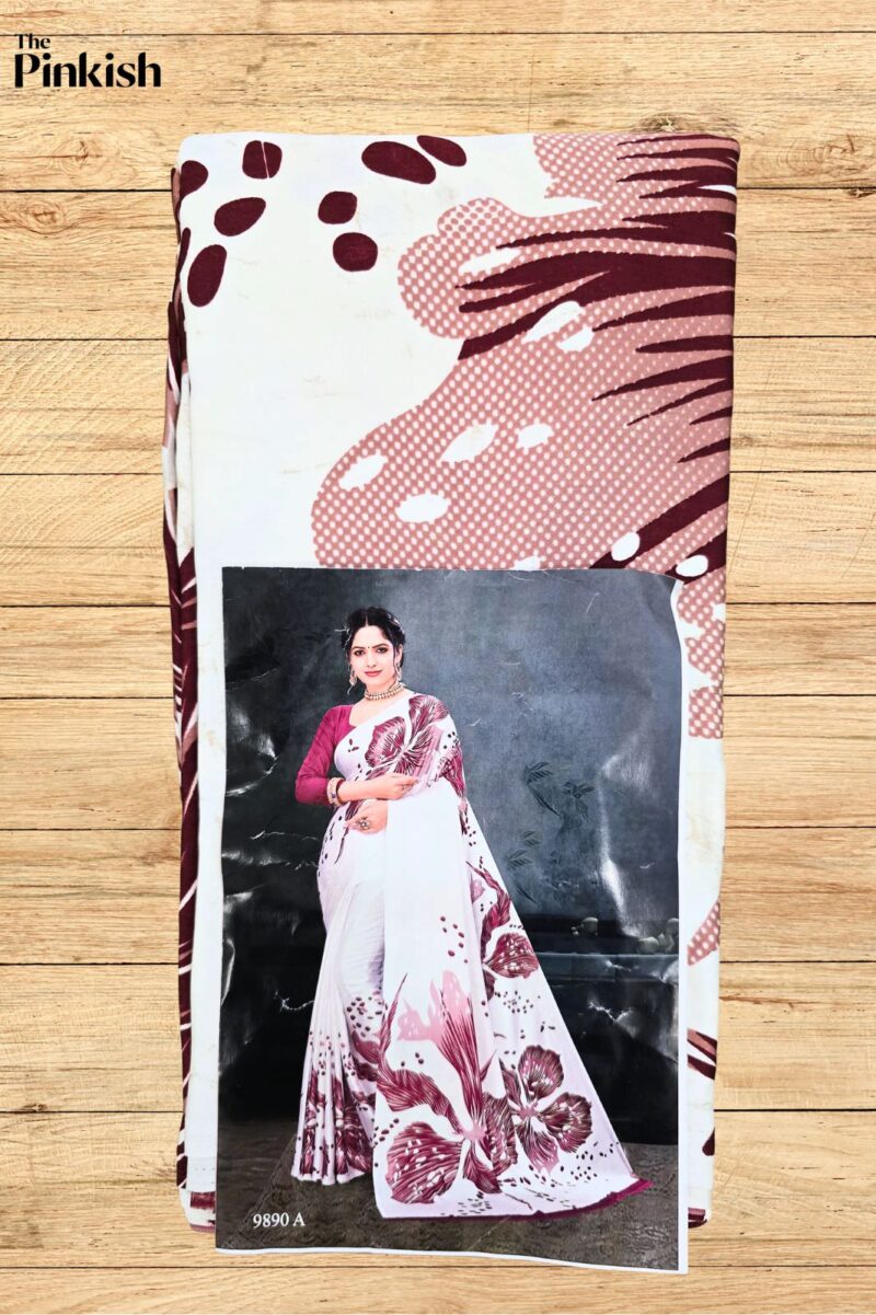 Elegant Maroon, Brown & White Floral Satin Silk Saree with Blouse Piece